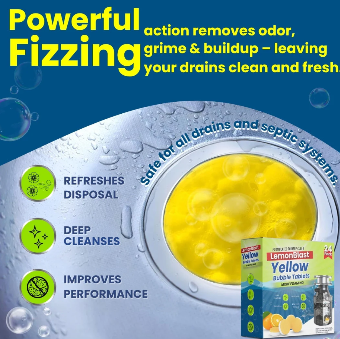 LemonBlast™ – 3-in-1 Hygiene Tablets. Removes Bad Smell & Blockages without Scrubbing (12 + 12 Free = 24 Pack)