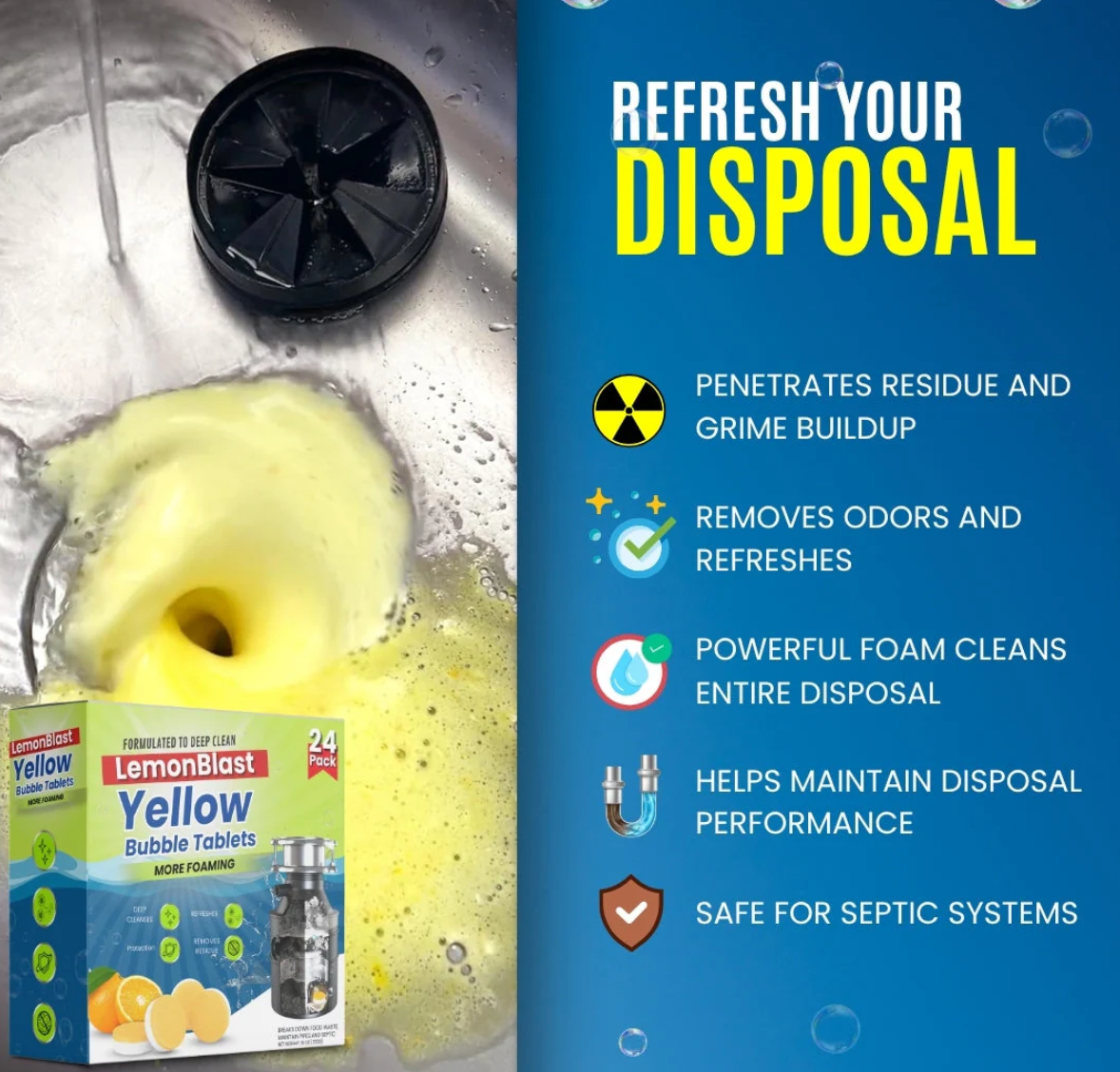 LemonBlast™ – 3-in-1 Hygiene Tablets. Removes Bad Smell & Blockages without Scrubbing (12 + 12 Free = 24 Pack)